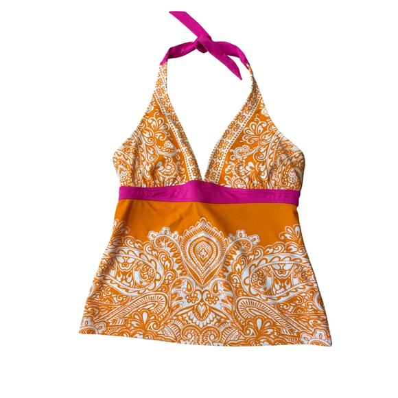 ATHLETA women's swim Tankini top, size Medium; Orange & Pink, halter style - Picture 1 of 5